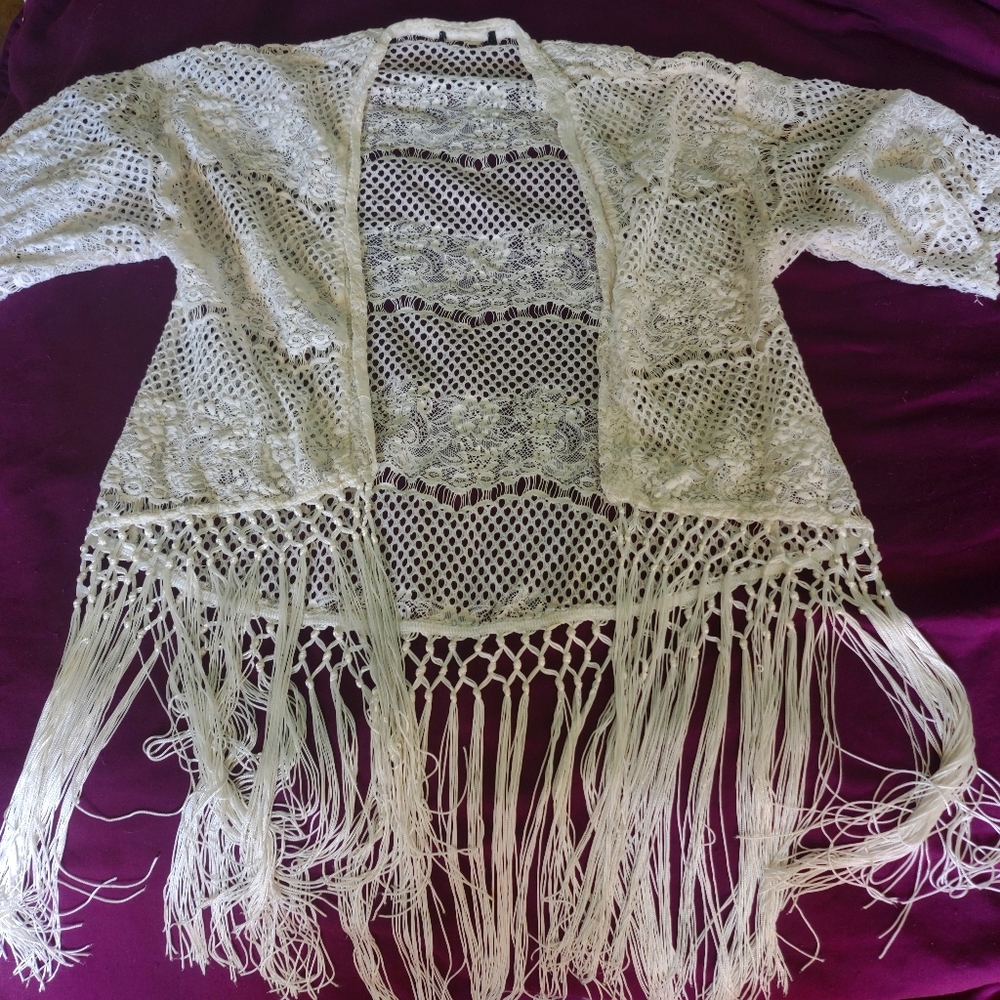 White Lace Gypsy Boho Shawl with Fringe
